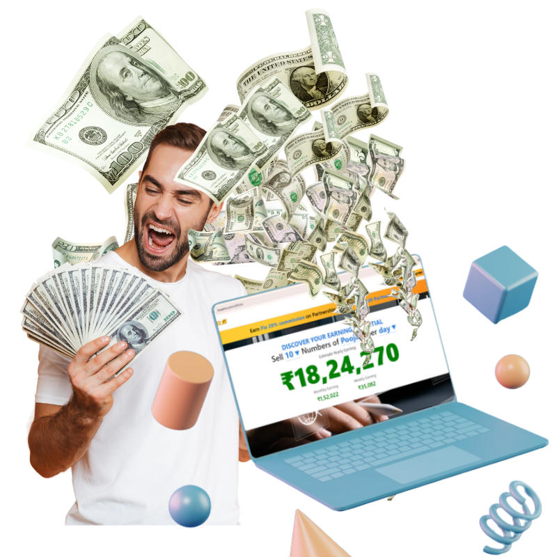 Happy man with money flying around